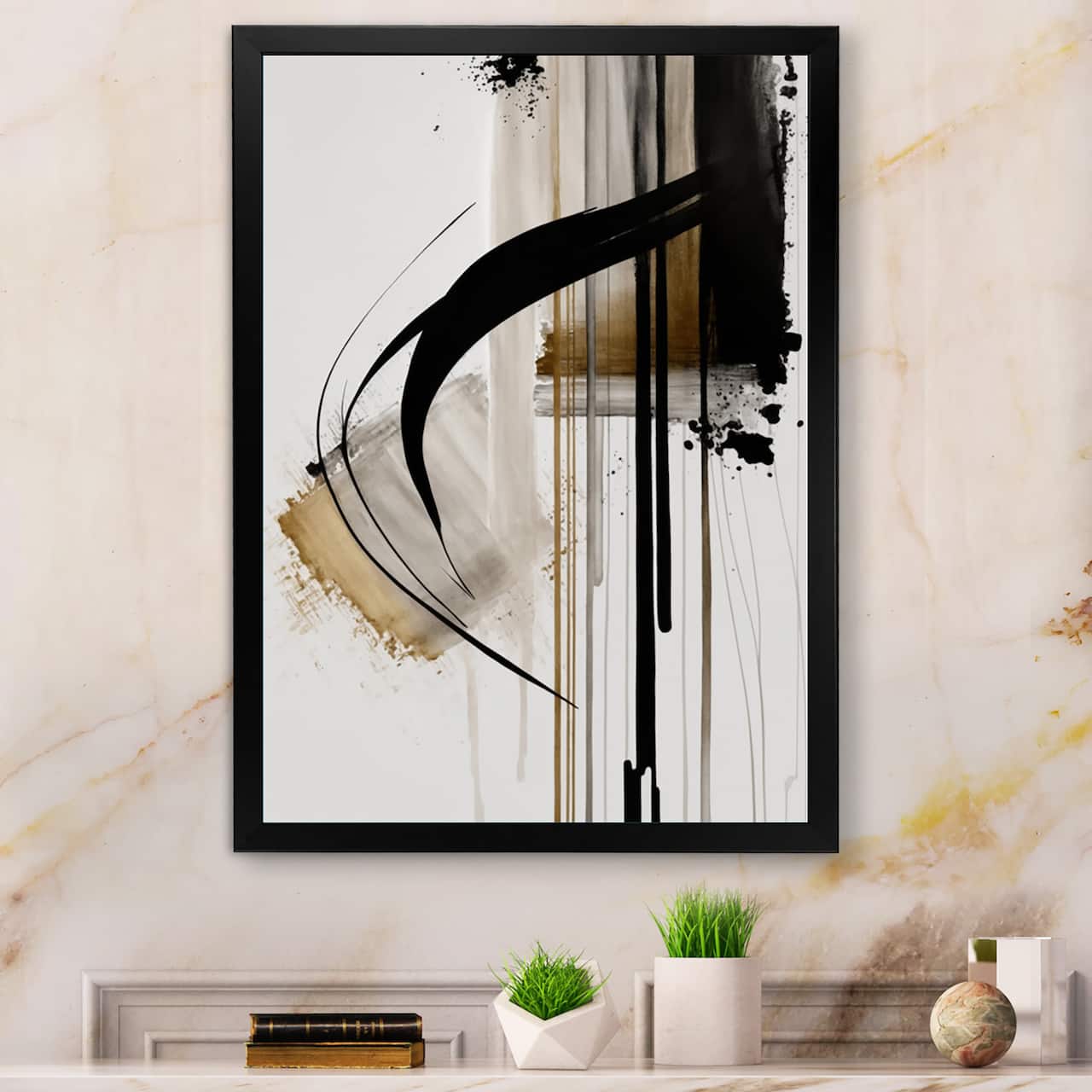 Designart 'Black, White And Gold Expression I' Modern Framed Canvas Wall Art